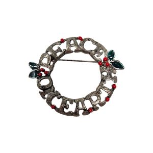 Peace On Earth Wreath Brooch Pin Antique Silver Tone Enamel